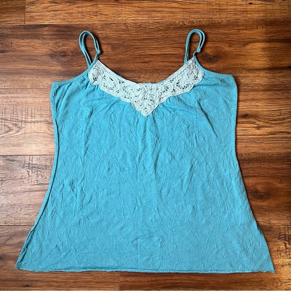 Tops - Vintage Y2K Blue Crinkle Cami Lace Adjustable Spaghetti Straps Fairy Boho Medium